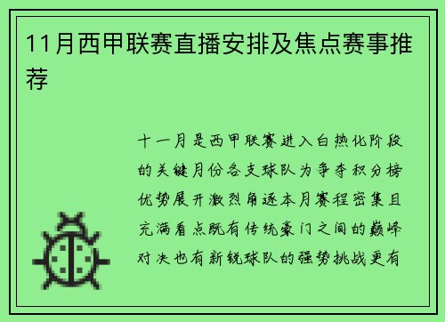 11月西甲联赛直播安排及焦点赛事推荐