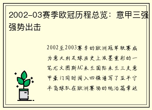 2002-03赛季欧冠历程总览：意甲三强强势出击