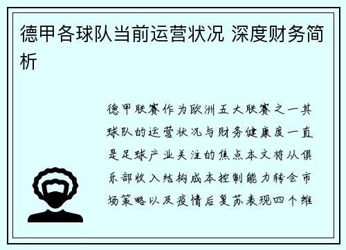 德甲各球队当前运营状况 深度财务简析